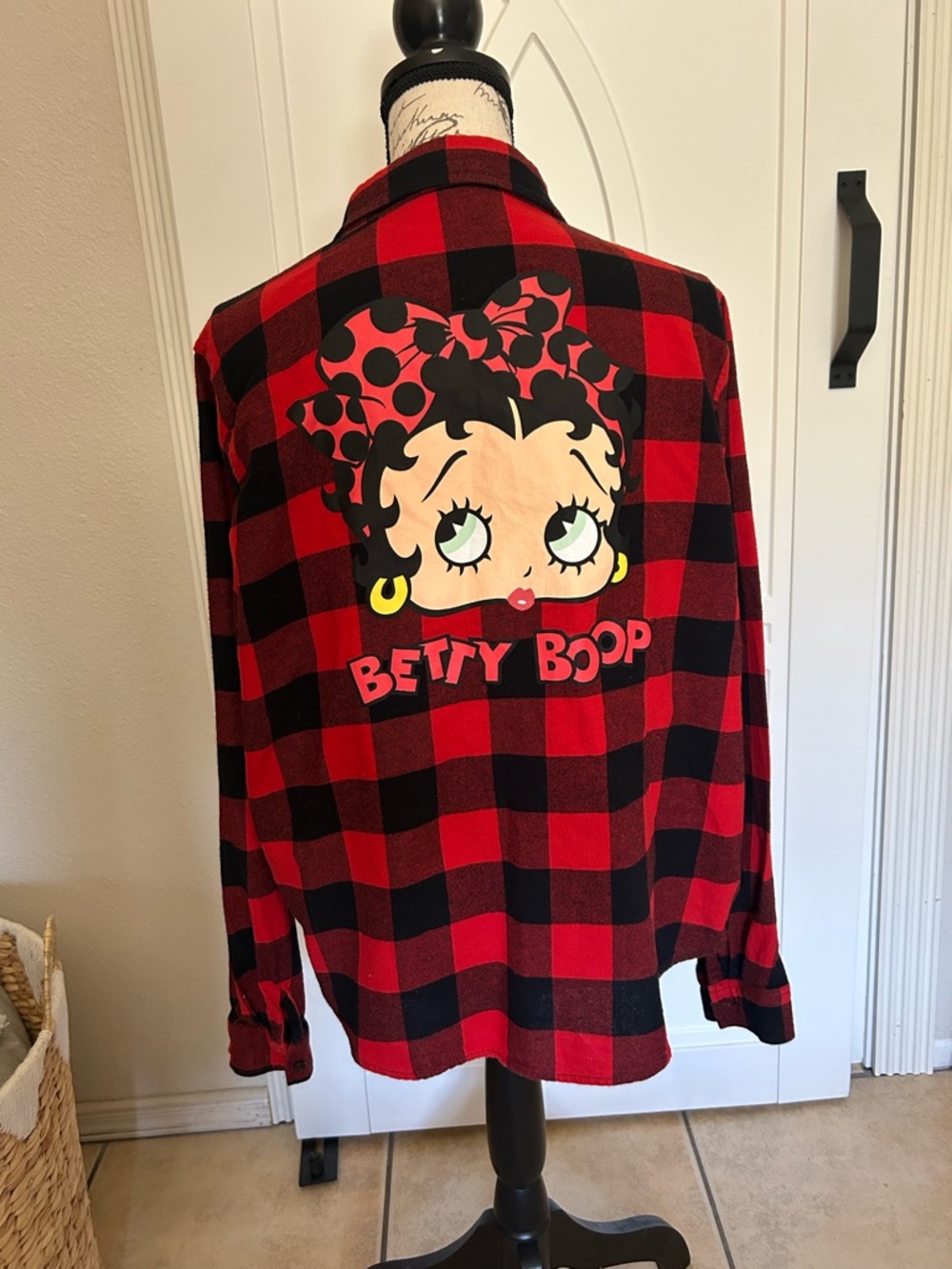 Betty Boop Red and Black Plaid Long Sleeve Button Down Flannel